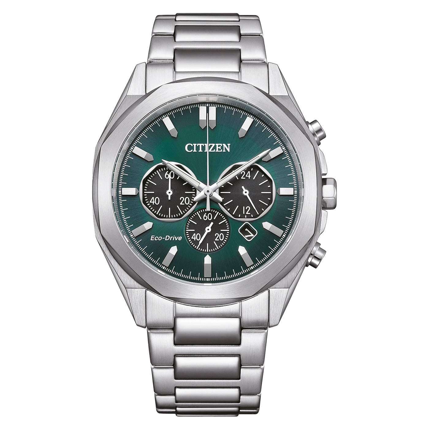 Citizen watch with green face and silver strap, Eco-Drive technology.