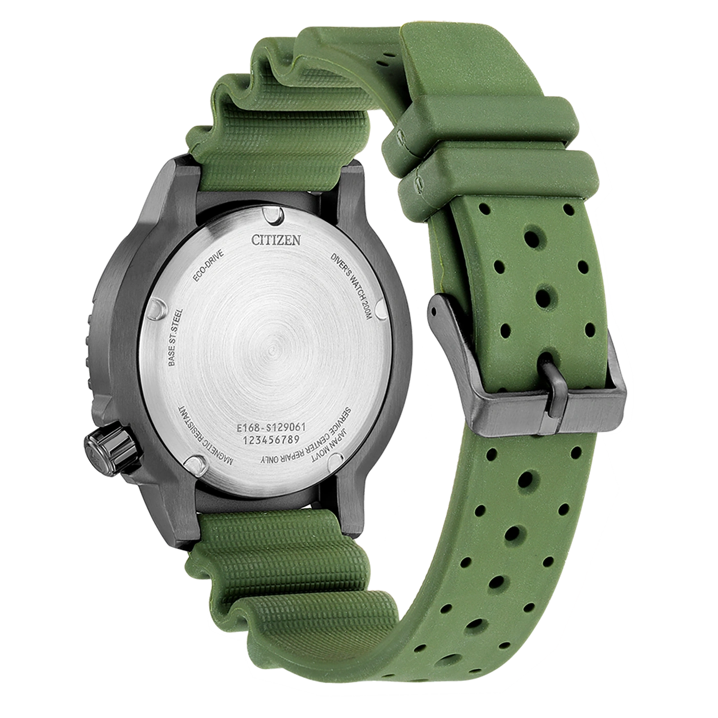 Citizen watch back, green strap, diver's watch, magnetic resistant, eco-drive