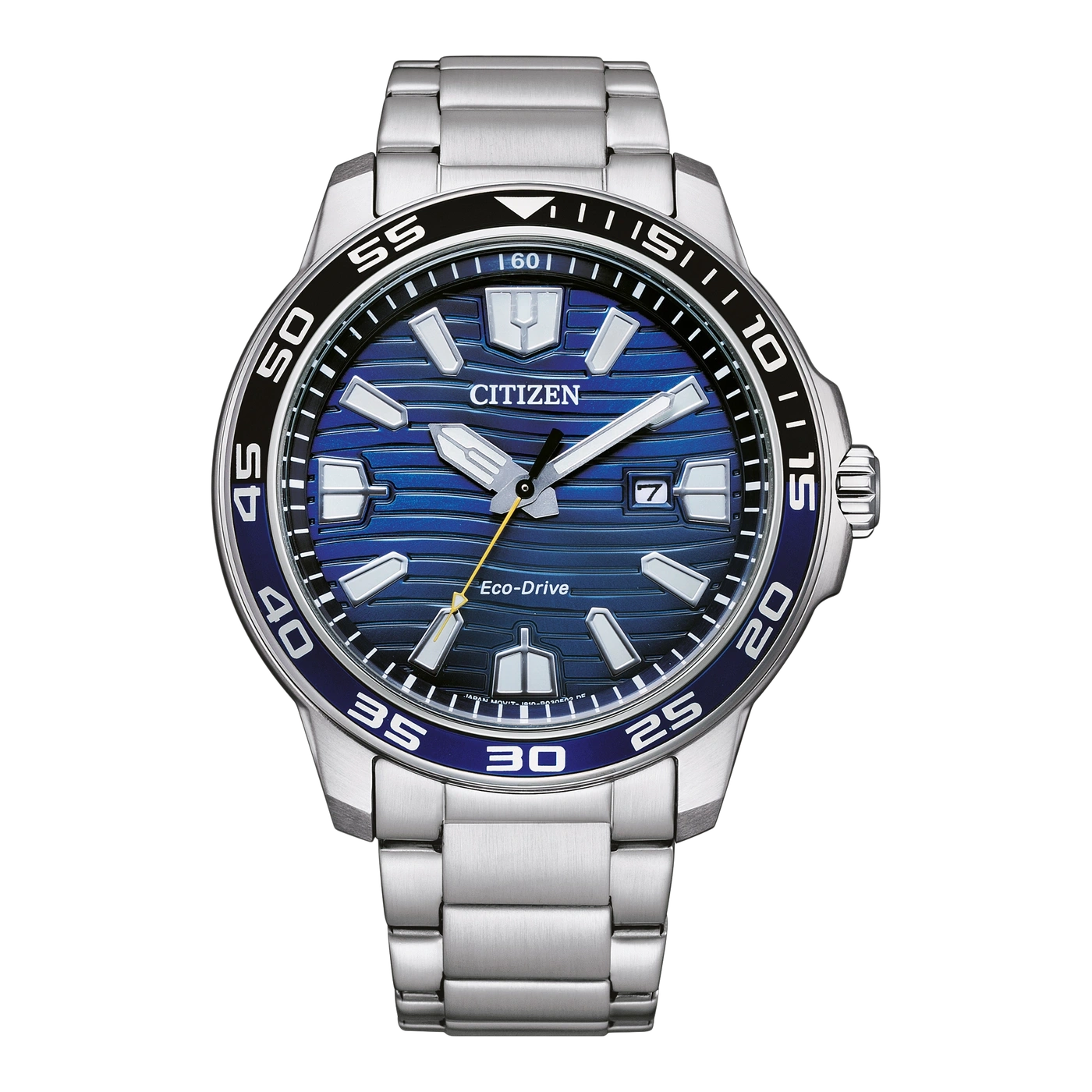 Citizen watch with blue face and silver band, Eco-Drive technology.