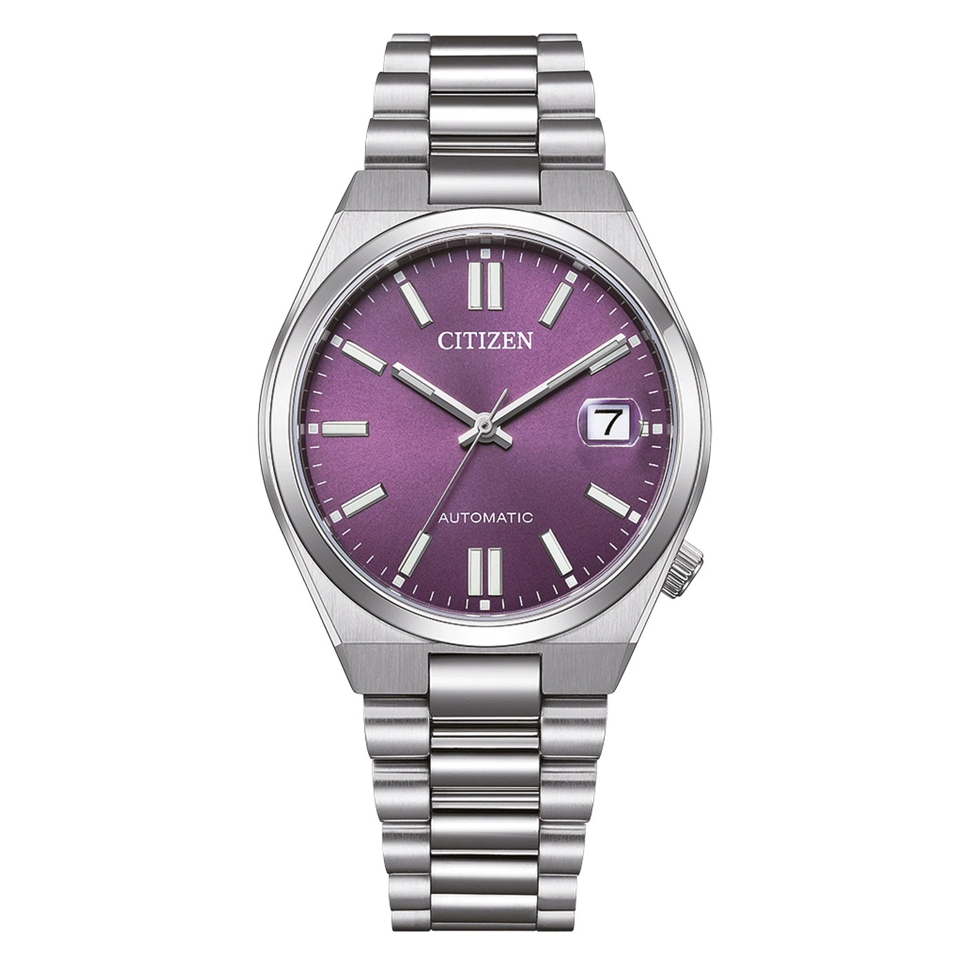 Citizen watch with a purple face and silver band, automatic.