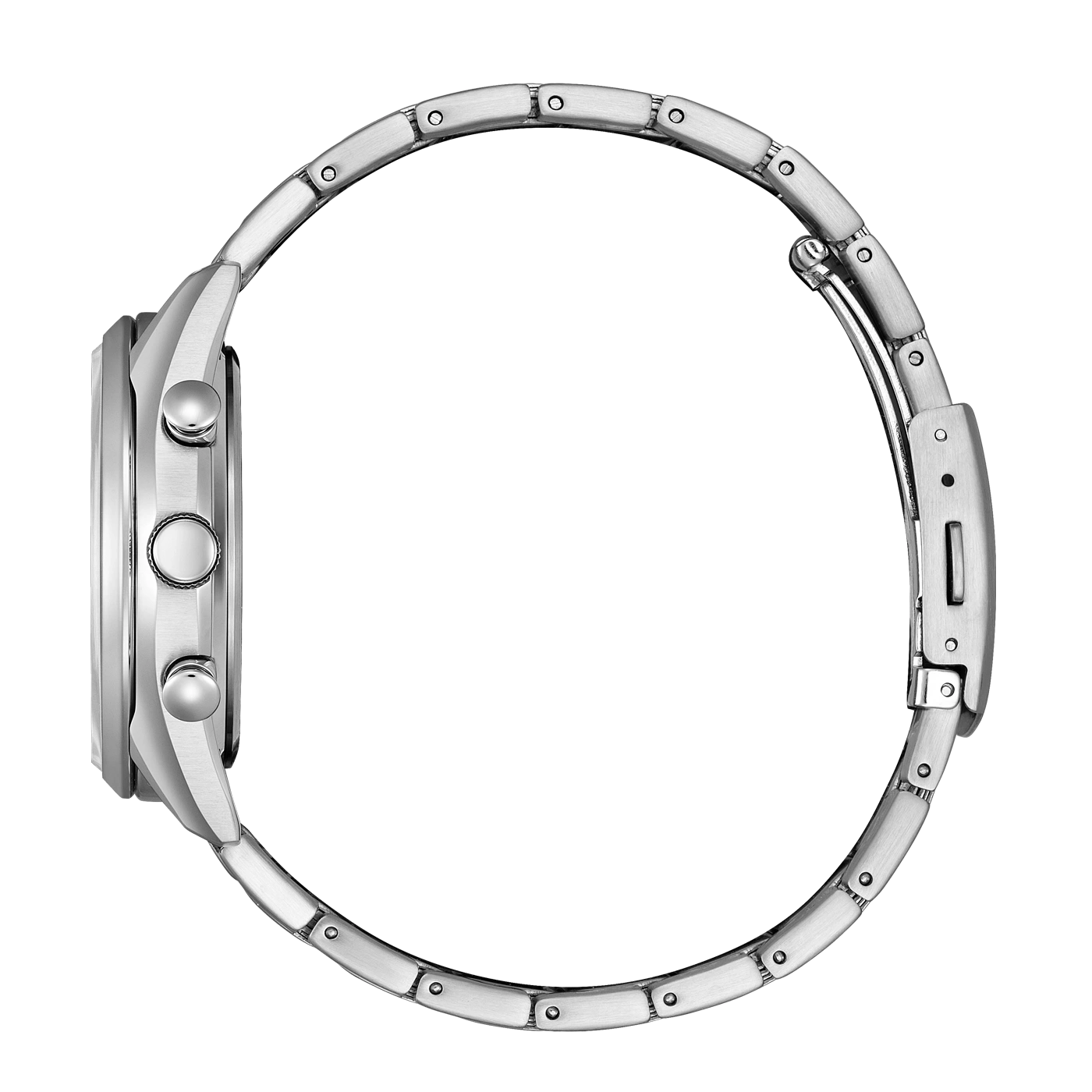 Silver watch with a metal strap, side view, isolated on white background.