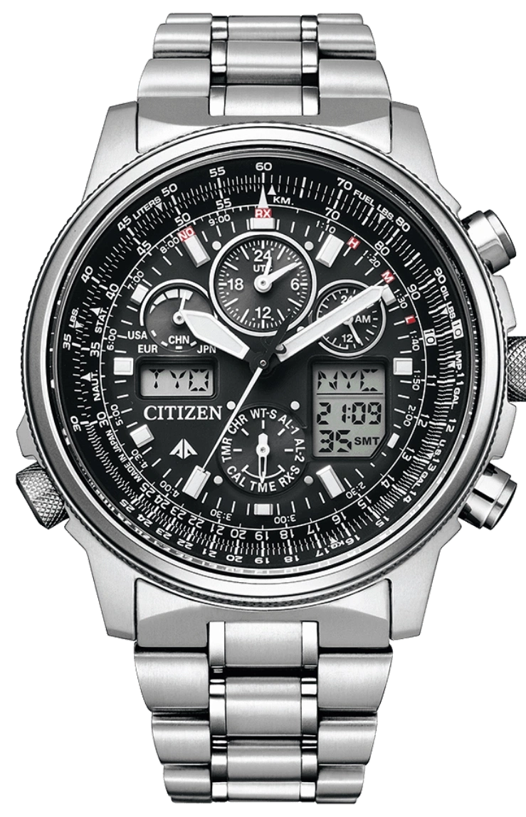 Citizen watch with black face, silver band, and multiple dials for timekeeping and aviation features.