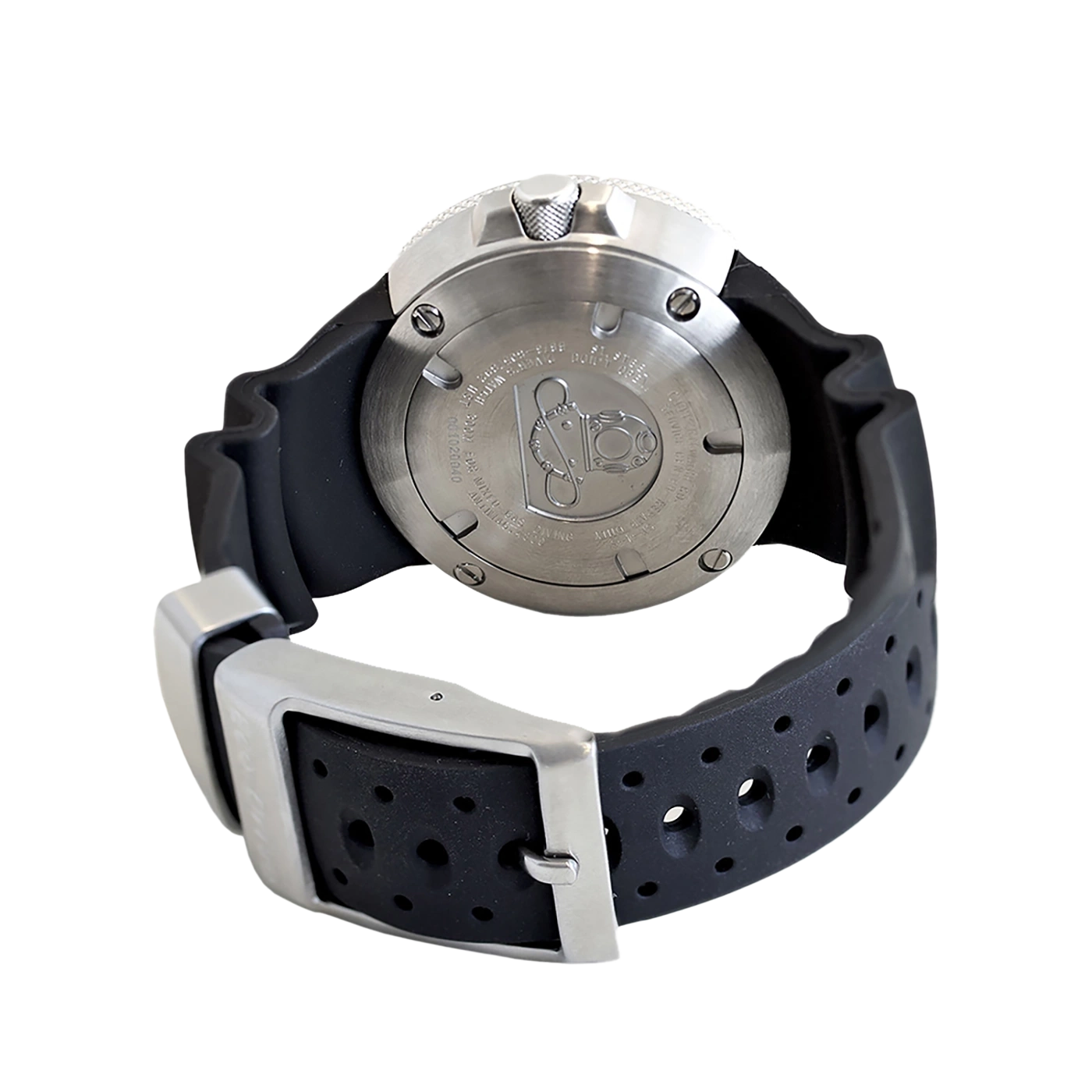 Close-up of a black watch with a silver buckle and a round watch face.
