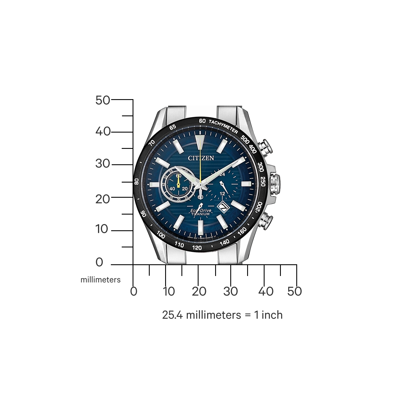 Citizen watch with blue face, tachymeter, and titanium Eco-Drive.