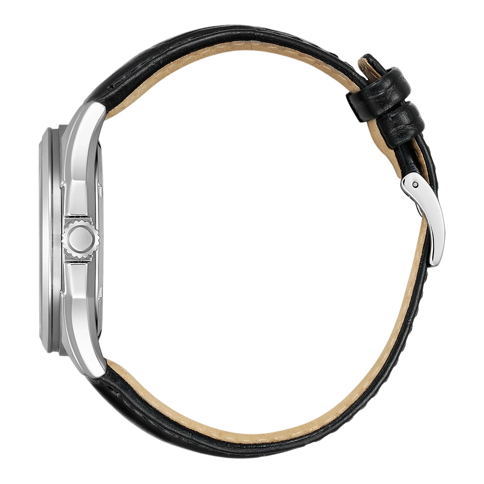 Side view of a silver watch with a black leather strap.
