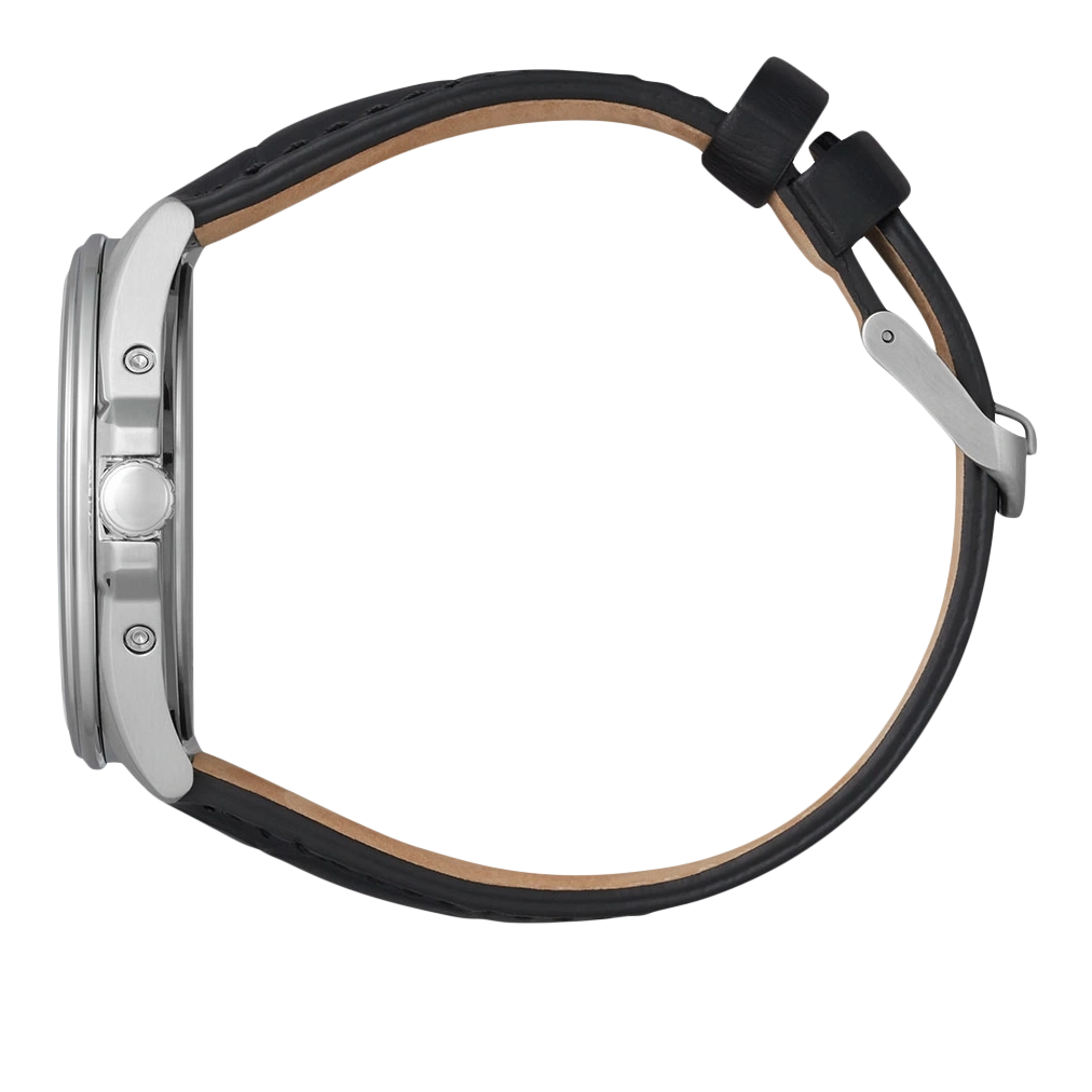 Side view of a silver watch with a black leather strap.
