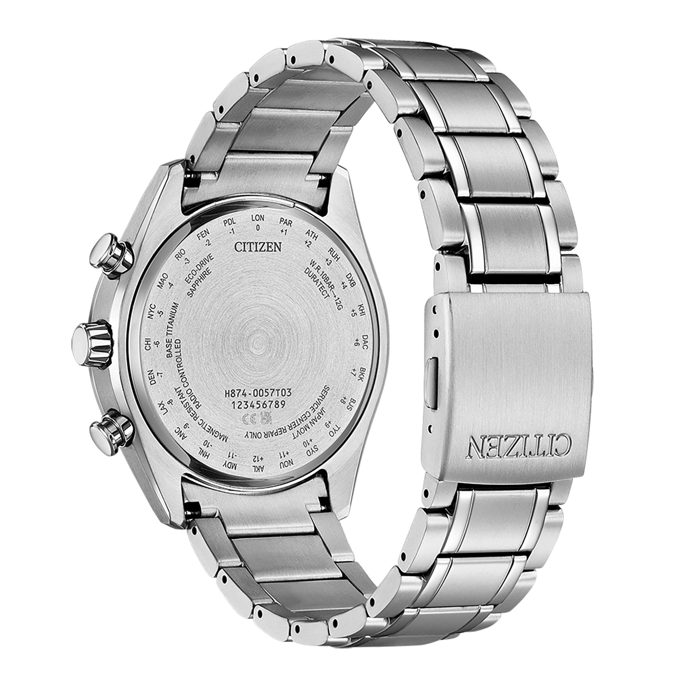 Citizen watch back with details: model, time zones, and specifications.