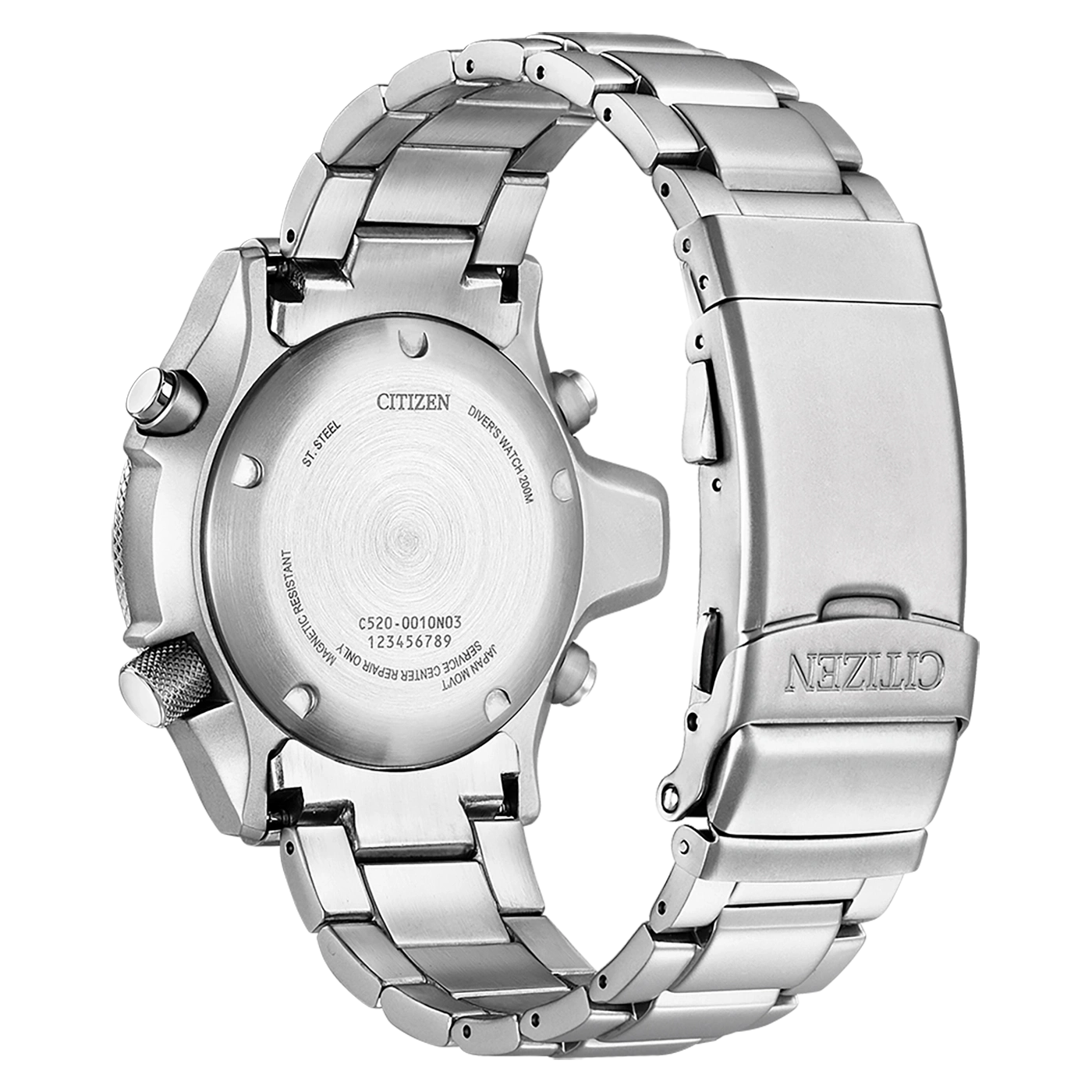 Citizen watch back, stainless steel, model details, water resistant, Japan movement.