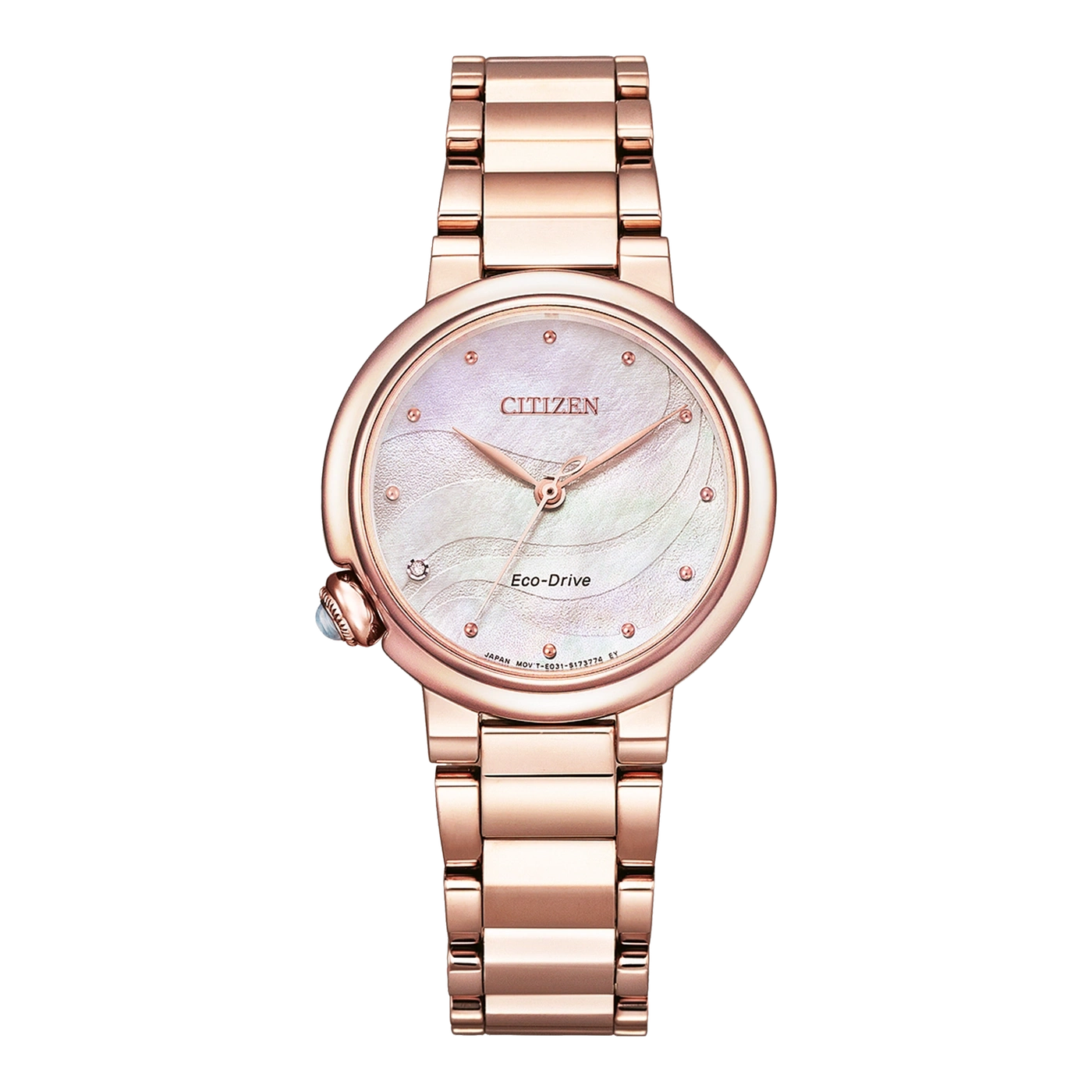 Rose gold Citizen Eco-Drive watch with a mother-of-pearl dial and a rose gold bracelet.