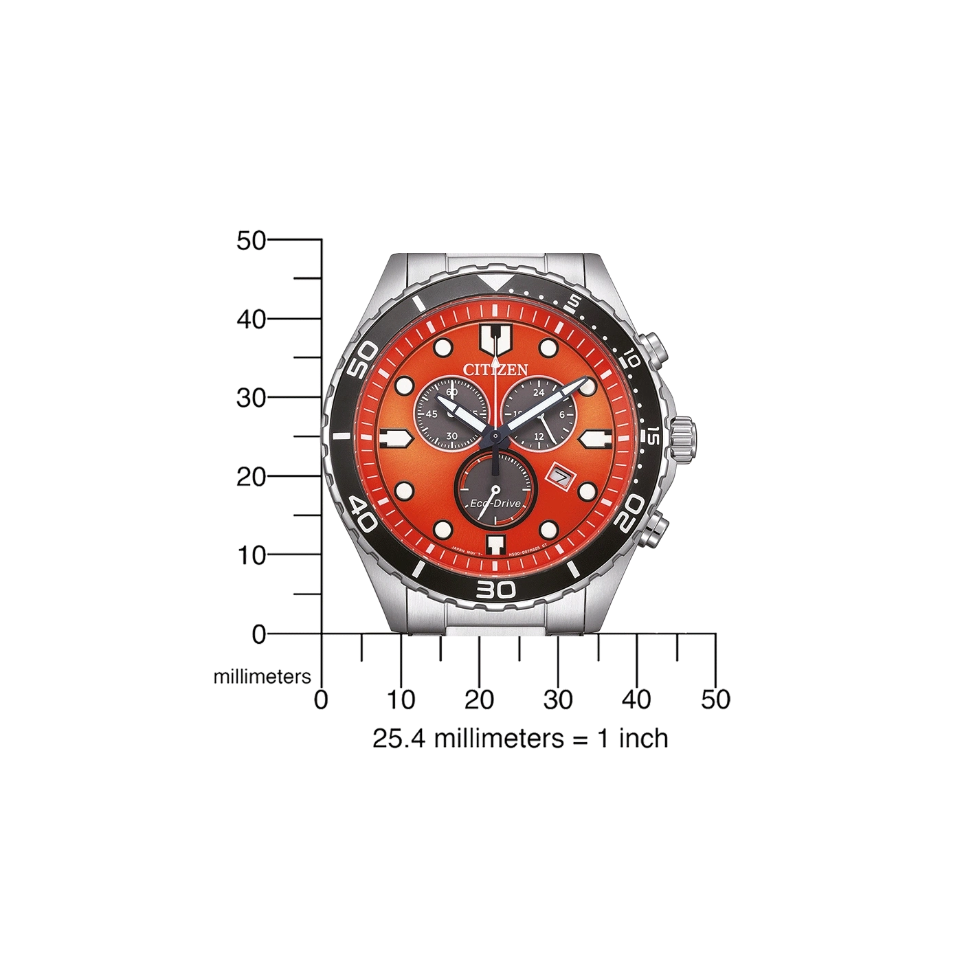 Citizen watch with orange face, black bezel, and silver band, with scale in millimeters.