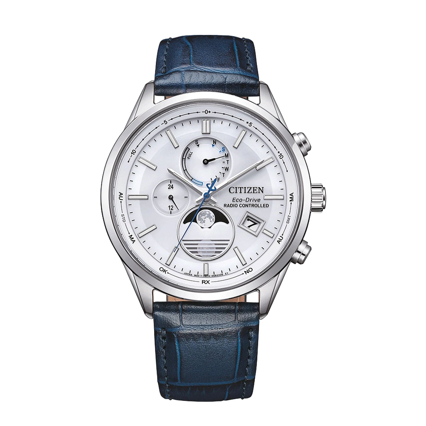Citizen Eco-Drive watch with a white face and blue leather strap.