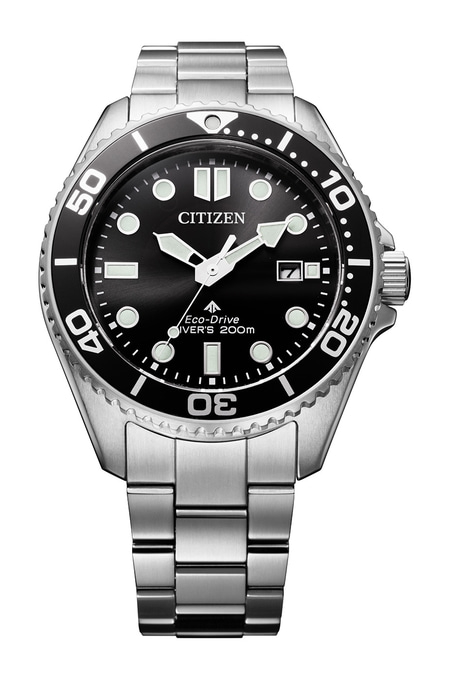 Citizen watch with black dial and silver bracelet, Eco-Drive, diver's 200m