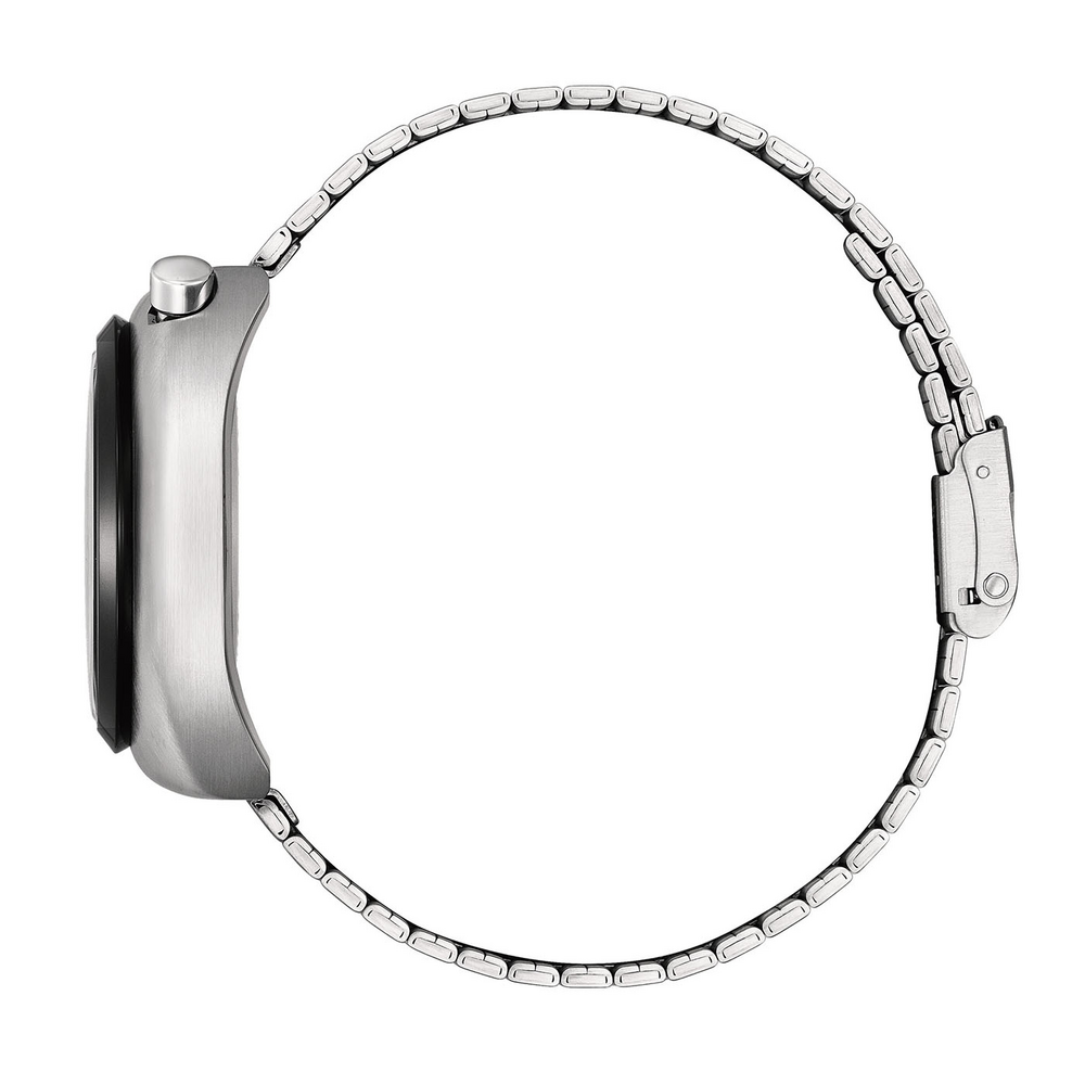 Side view of a silver watch with a metal band.