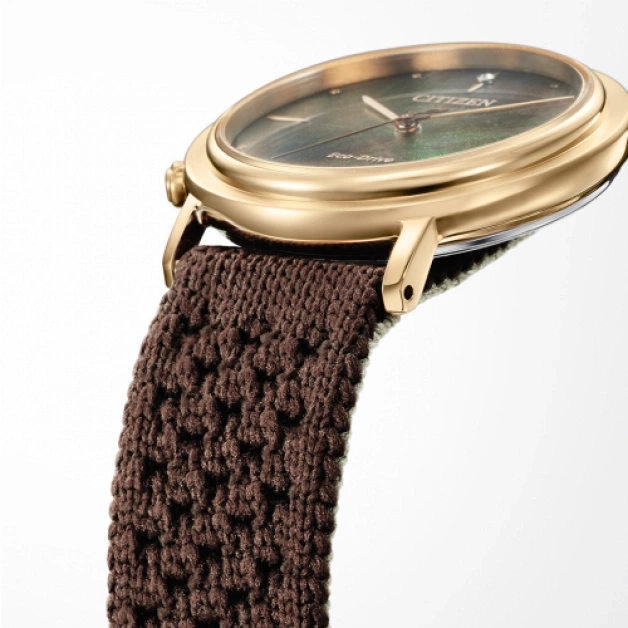 Close-up of a gold watch with a brown woven strap, Citizen Eco-Drive.