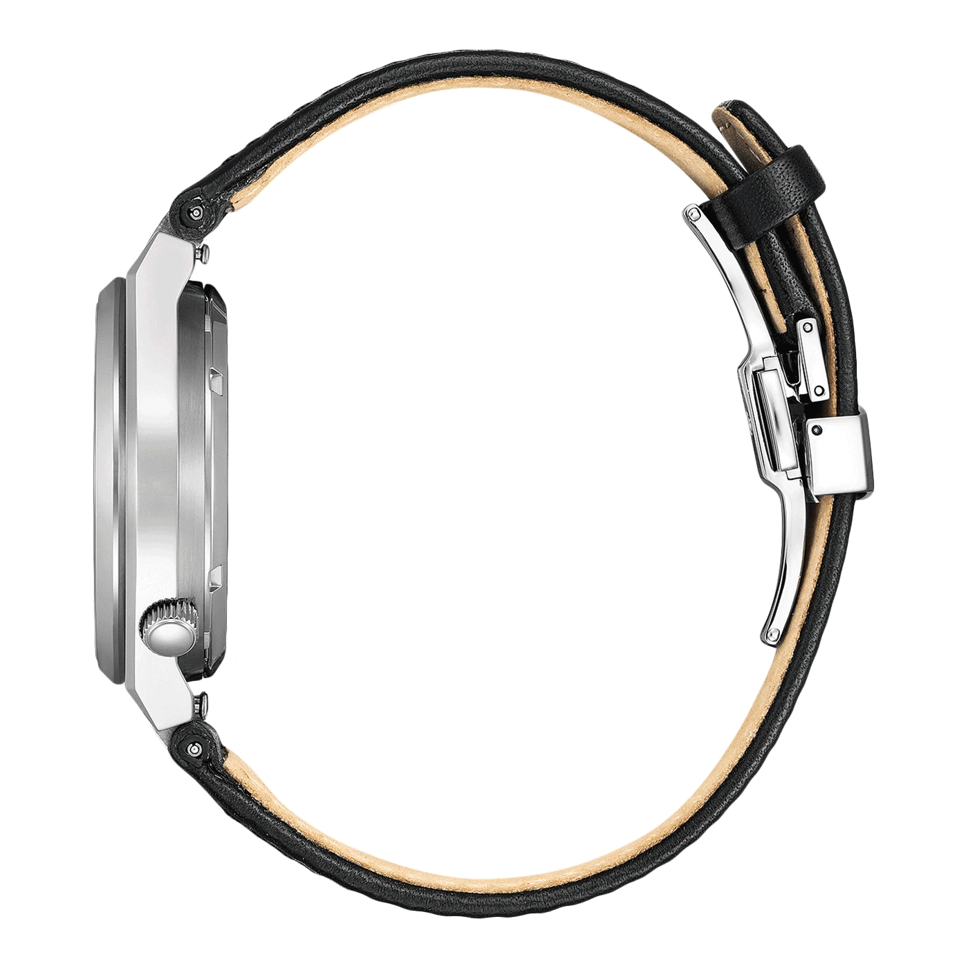 Side view of a silver watch with a black leather strap.