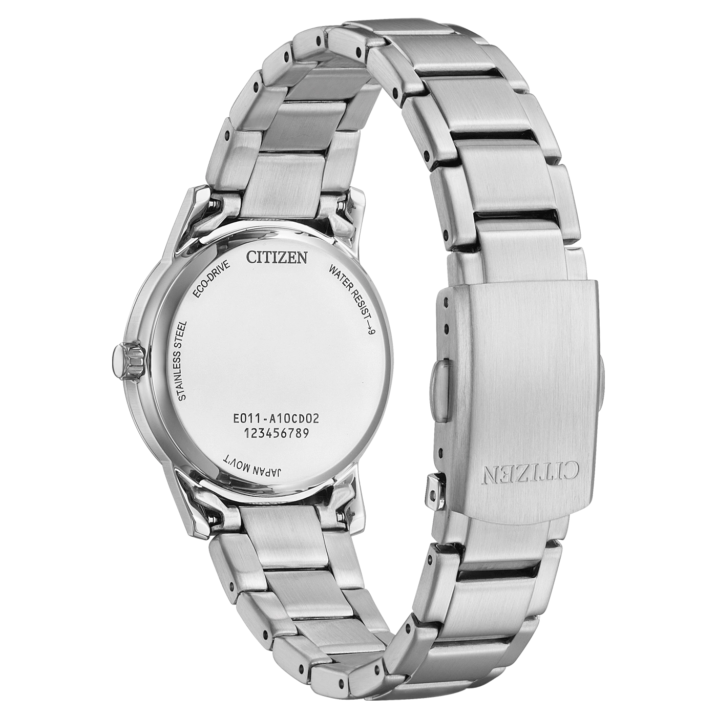 Citizen watch back, stainless steel, Eco-Drive, water resistant, Japan movement, model number.