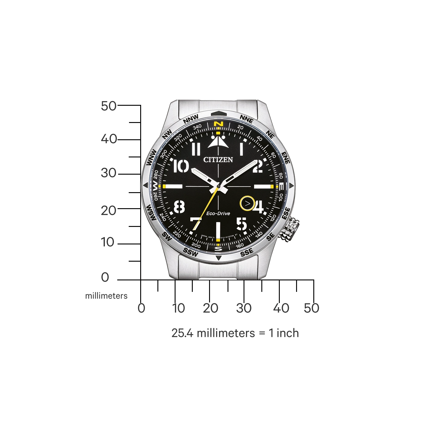 Citizen watch with compass and Eco-Drive technology, black dial, silver case.