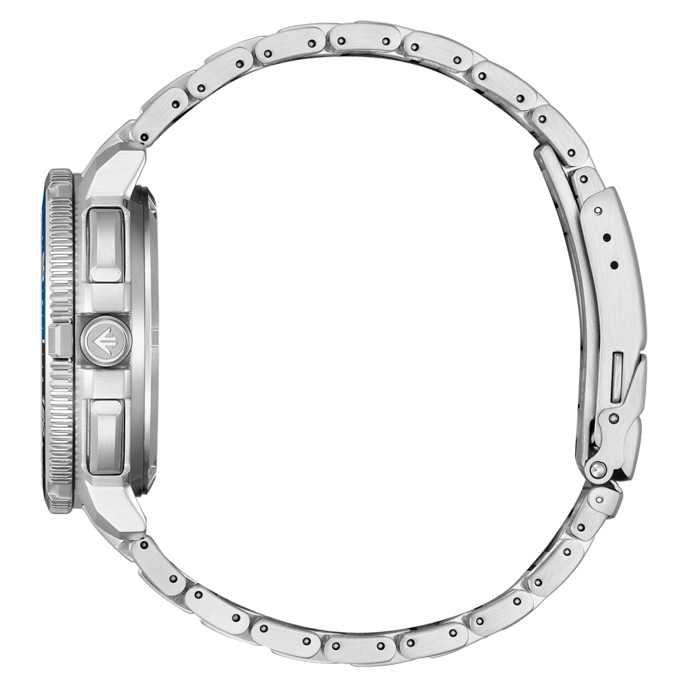 Side view of a stainless steel watch with a blue dial.