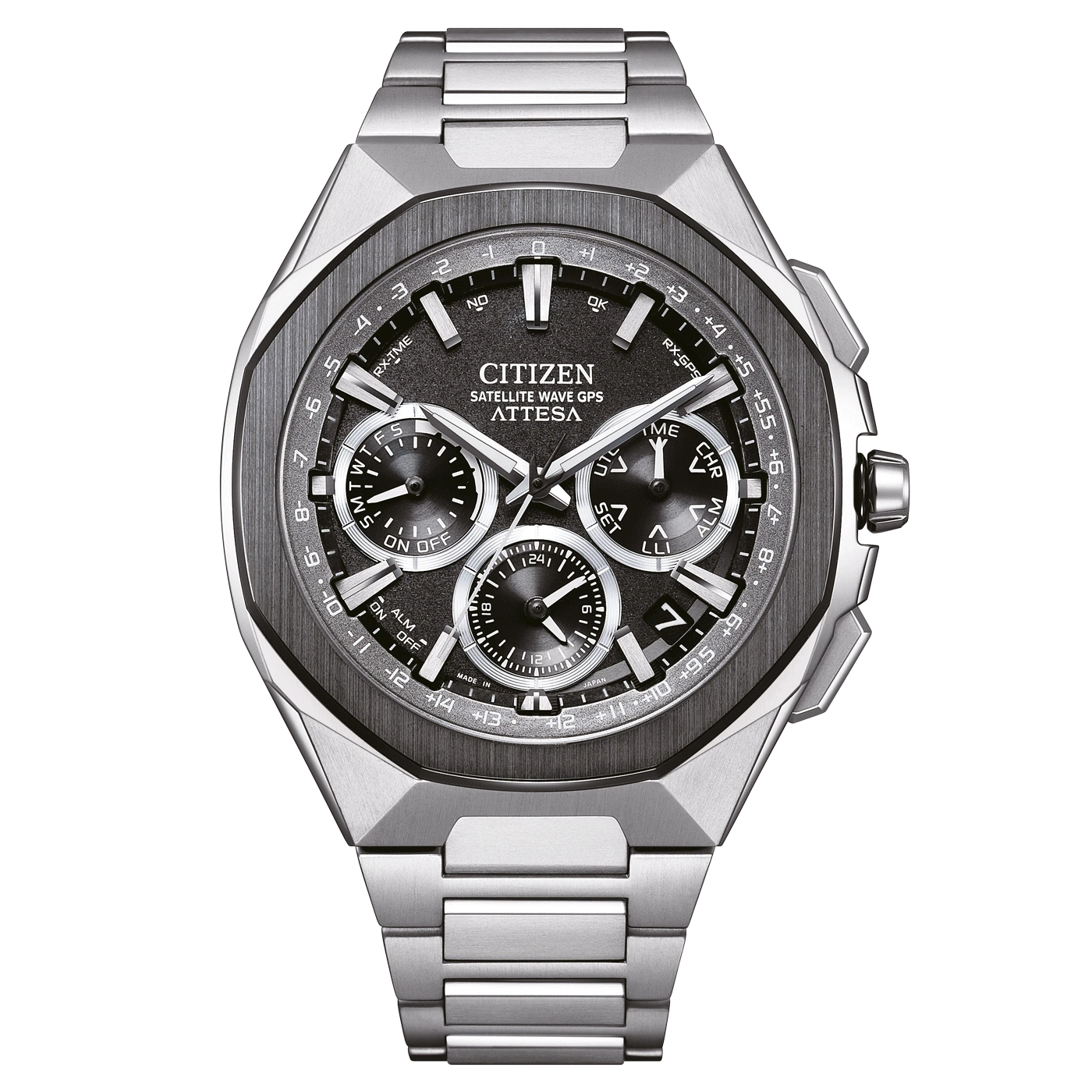 Citizen Attesa watch with a black dial and silver bracelet, GPS.
