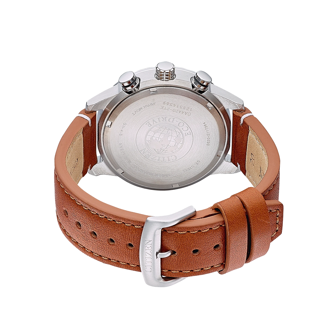 Citizen watch back with brown leather strap and buckle, close-up.