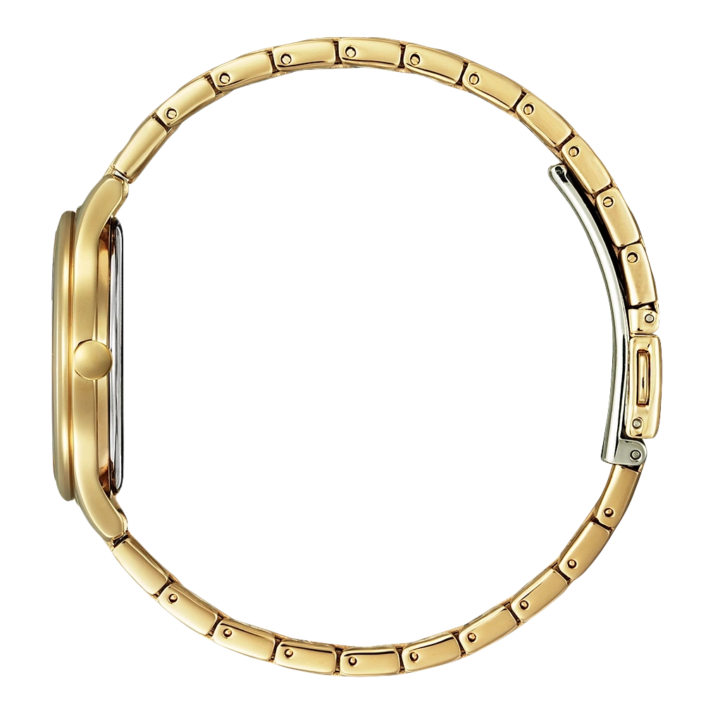 Gold watch with a round face and a gold bracelet, side view.
