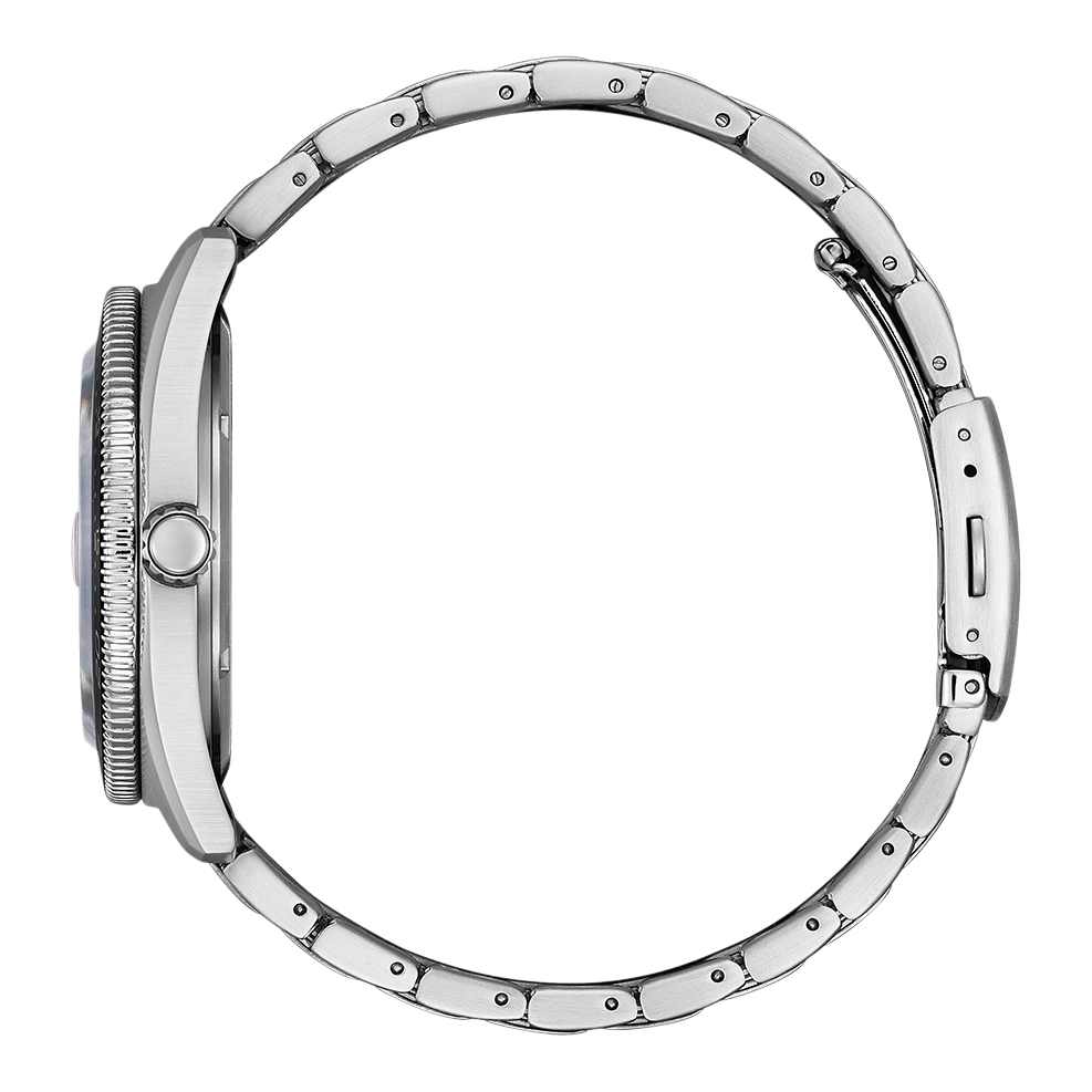 Side view of a silver wristwatch with a circular face and metal band.