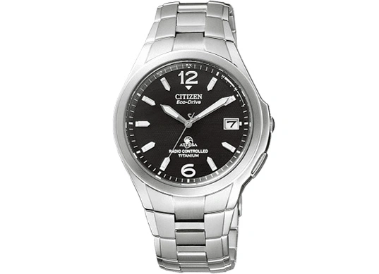 Citizen Eco-Drive watch with black dial and titanium band, radio controlled.