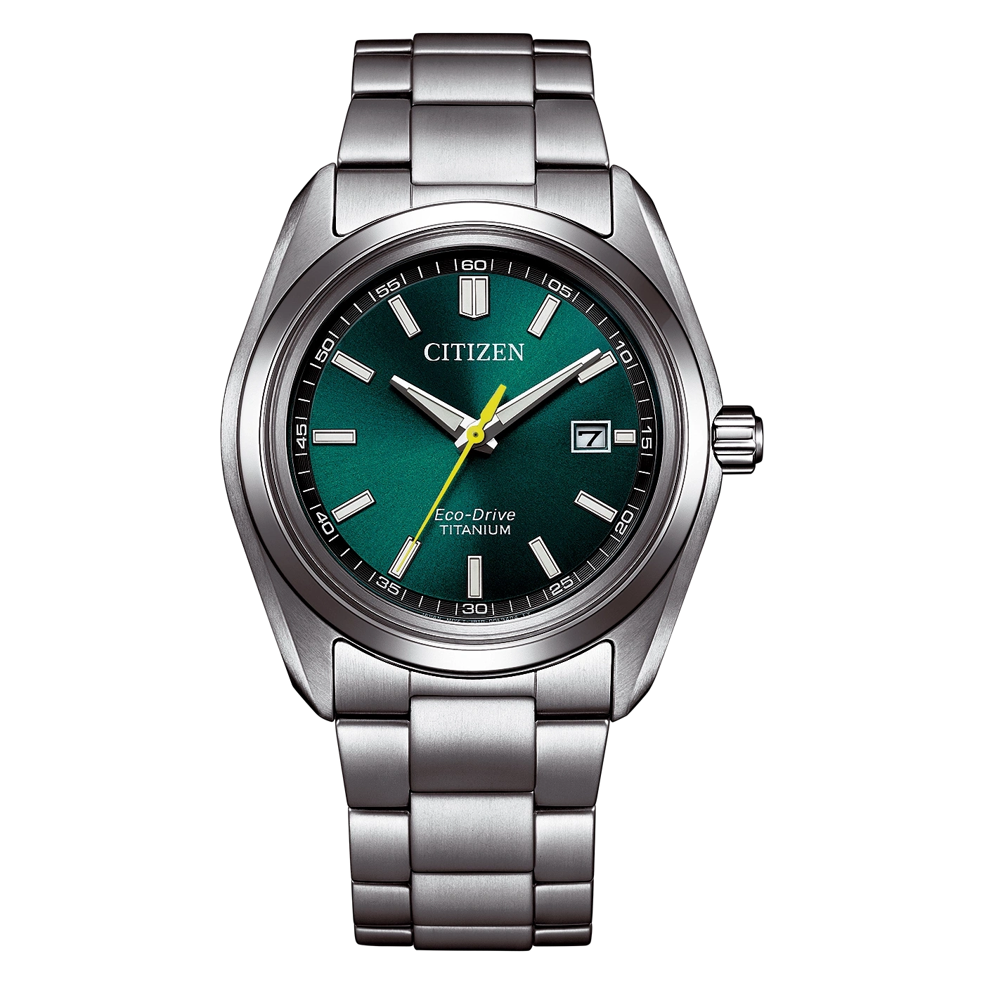 A close-up of a Citizen Eco-Drive titanium watch with a green dial.