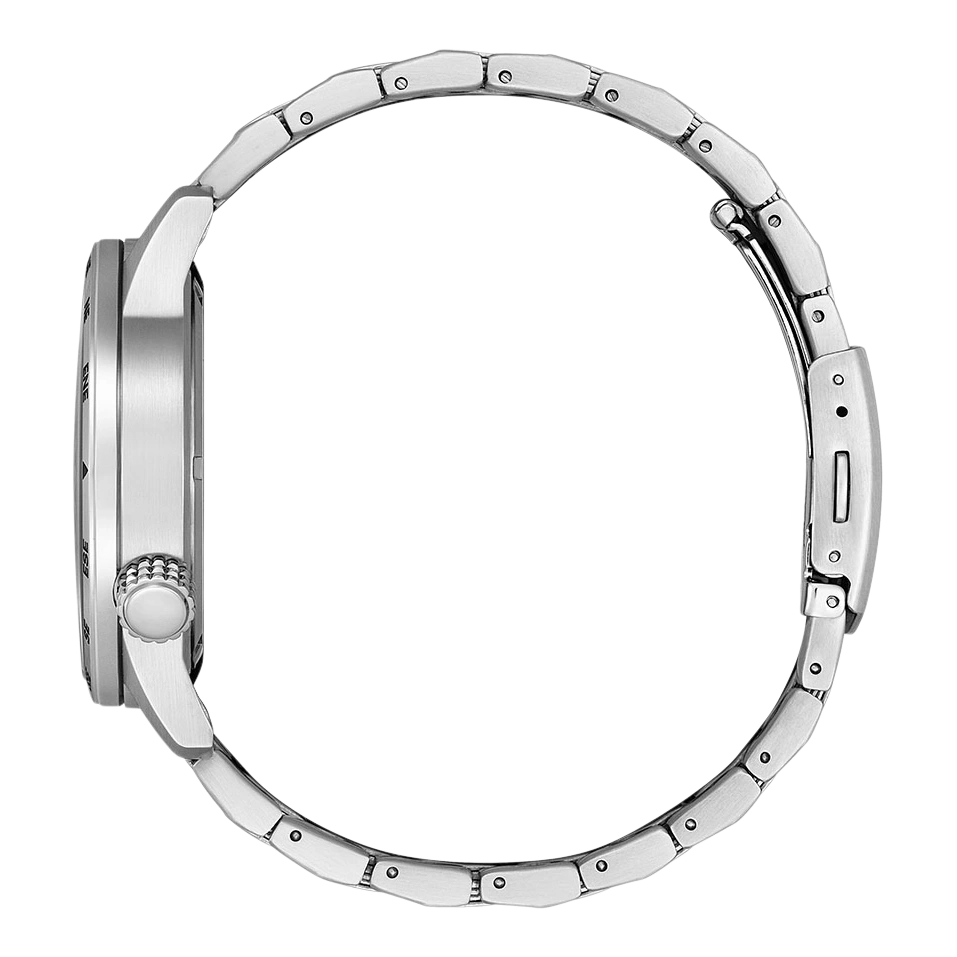 Side view of a silver wristwatch with a metal band and a round face.