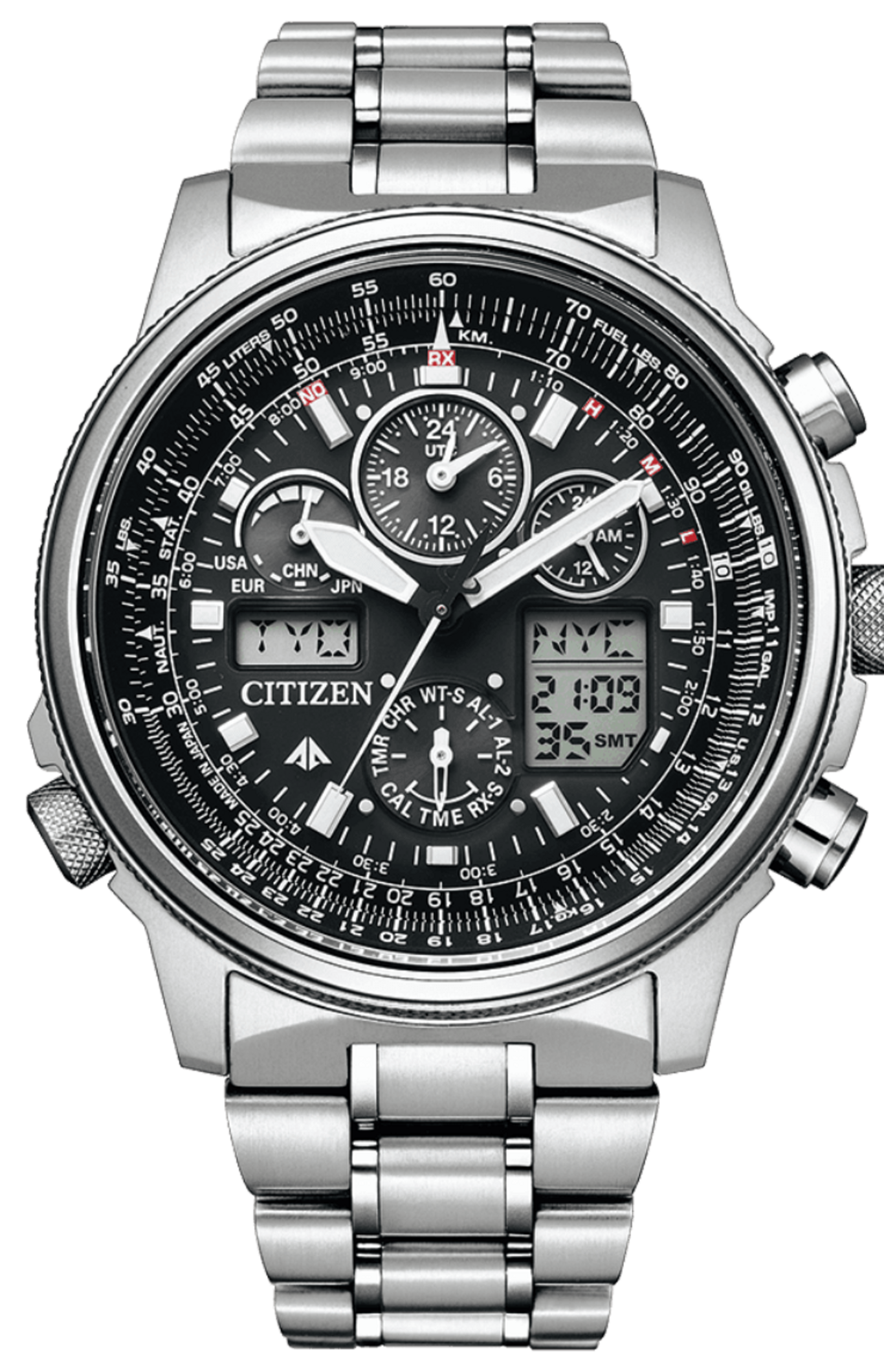 Citizen watch with black face, silver band, and multiple dials for timekeeping and aviation features.