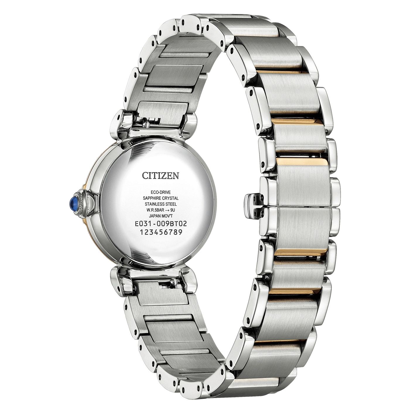 Citizen watch back, stainless steel, sapphire crystal, eco-drive, Japan movt.
