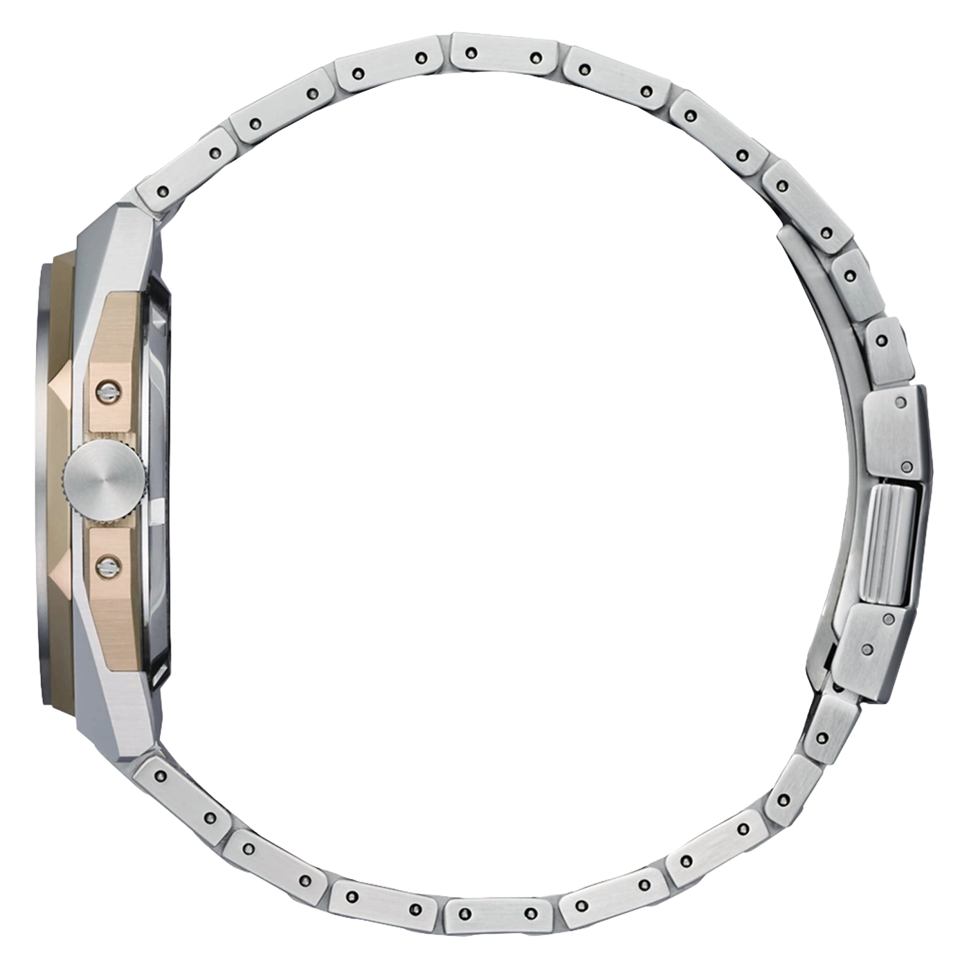 Side view of a silver and gold watch with a metal band.