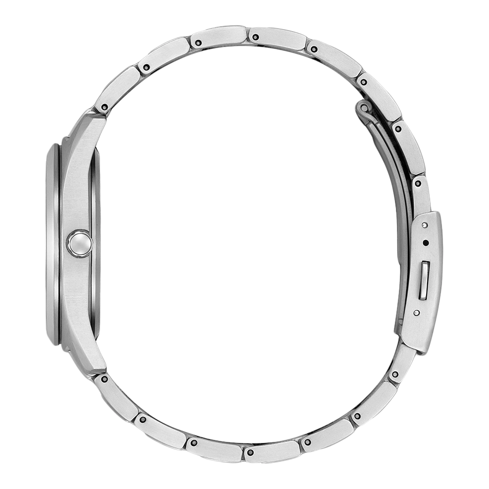 Silver watch with a metal strap, side view, elegant and modern design.