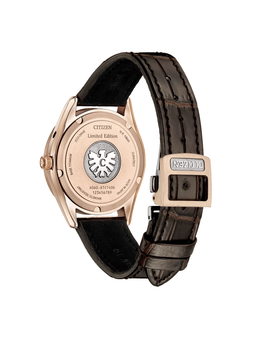 Citizen watch back, rose gold, leather strap, limited edition, Eco-Drive, Japanese made