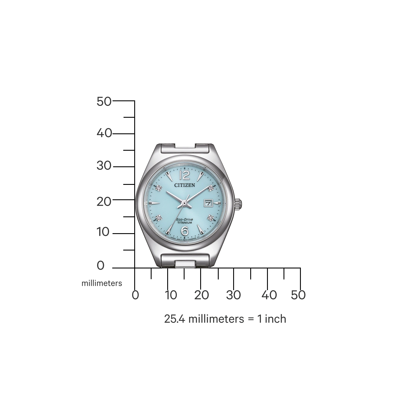 Citizen watch with a light blue face and titanium band, measuring millimeters.