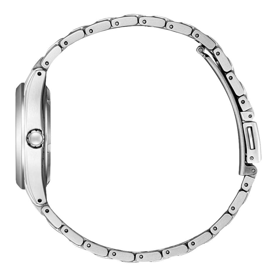 Side view of a silver wristwatch with a metal band, elegant design.