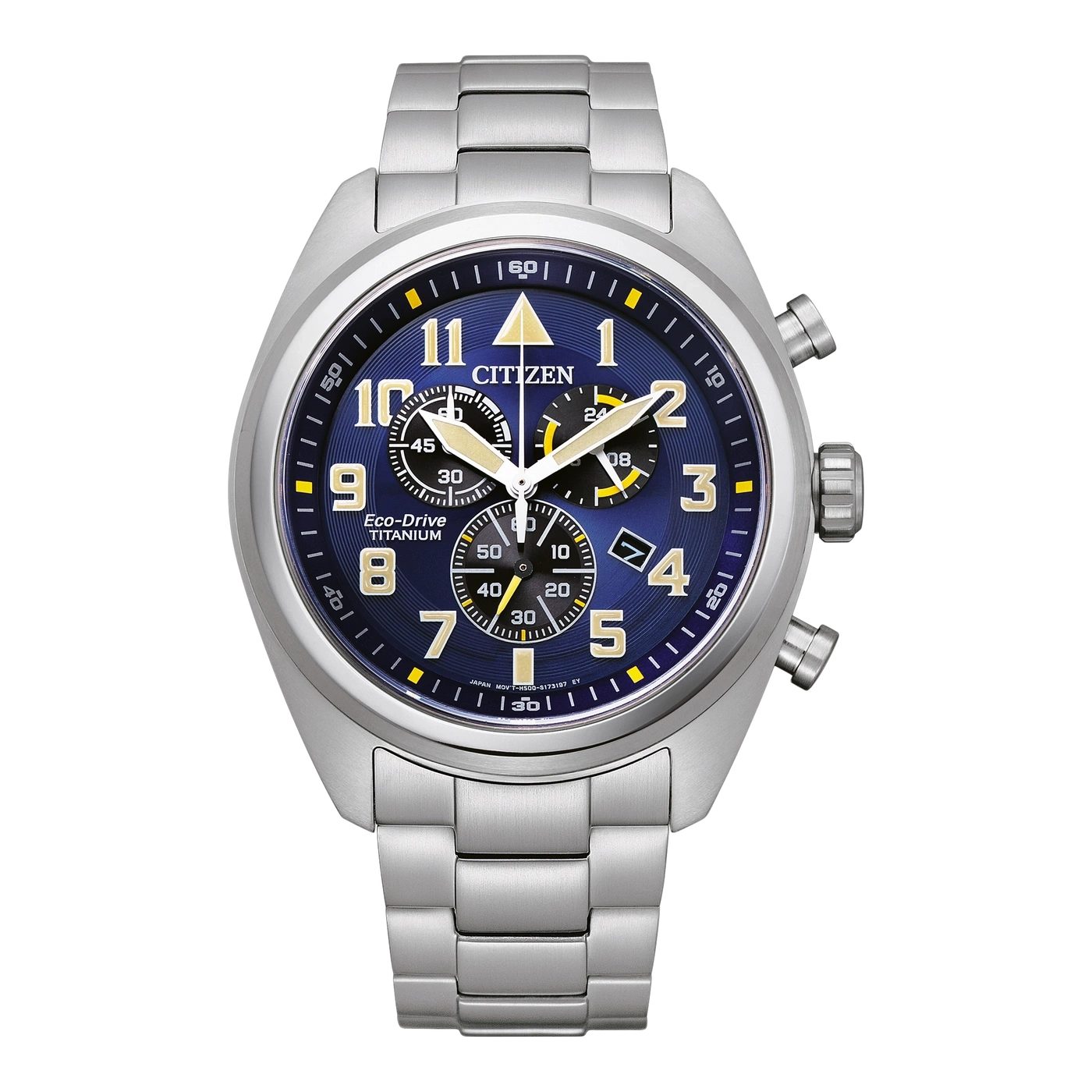 Citizen watch with blue face, titanium, chronograph, Eco-Drive, and silver bracelet.