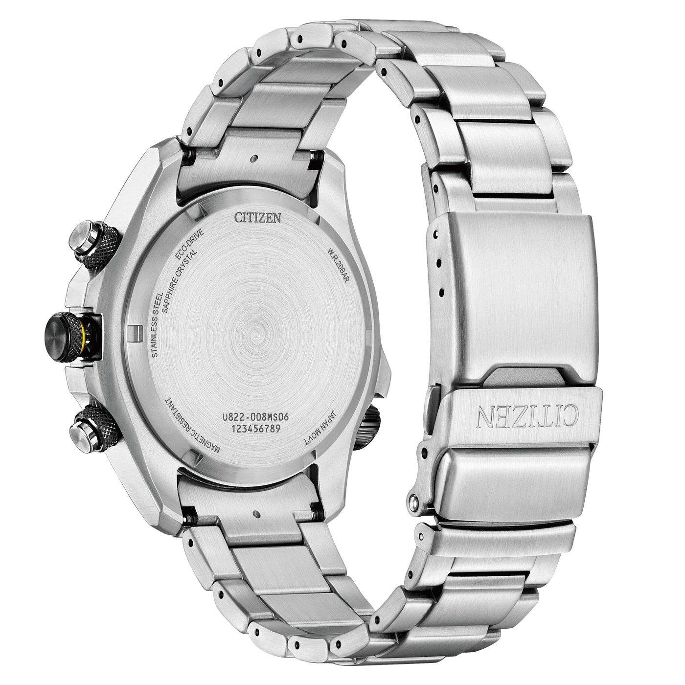 Citizen watch back, stainless steel, Eco-Drive, sapphire crystal, water resistant.