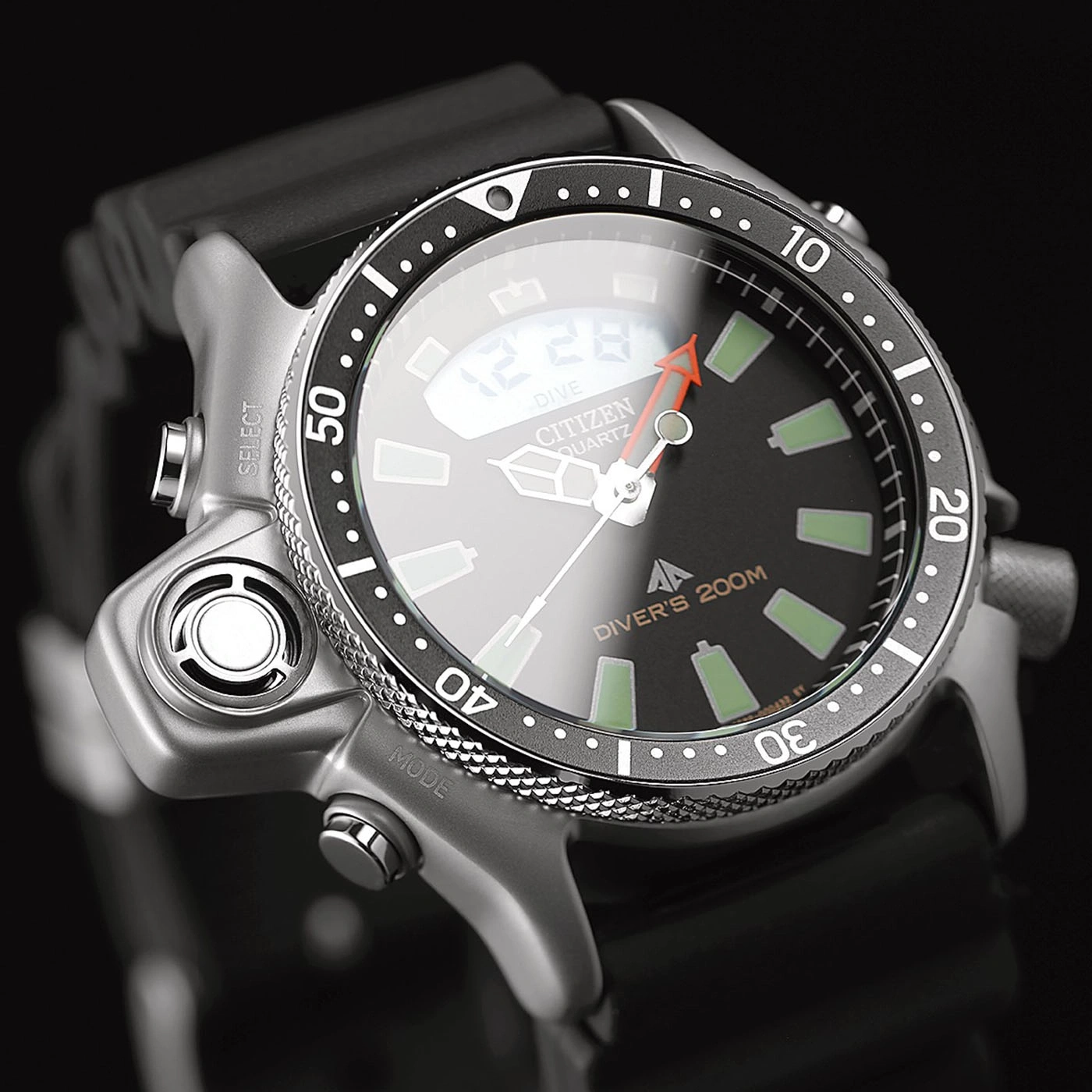 Citizen watch with black dial, diver's 200m, digital display, and rotating bezel.