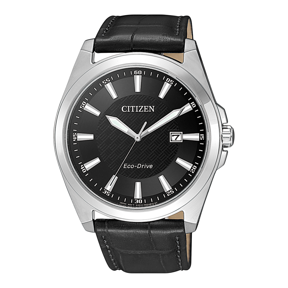 Citizen watch with black face, leather strap, and date display.