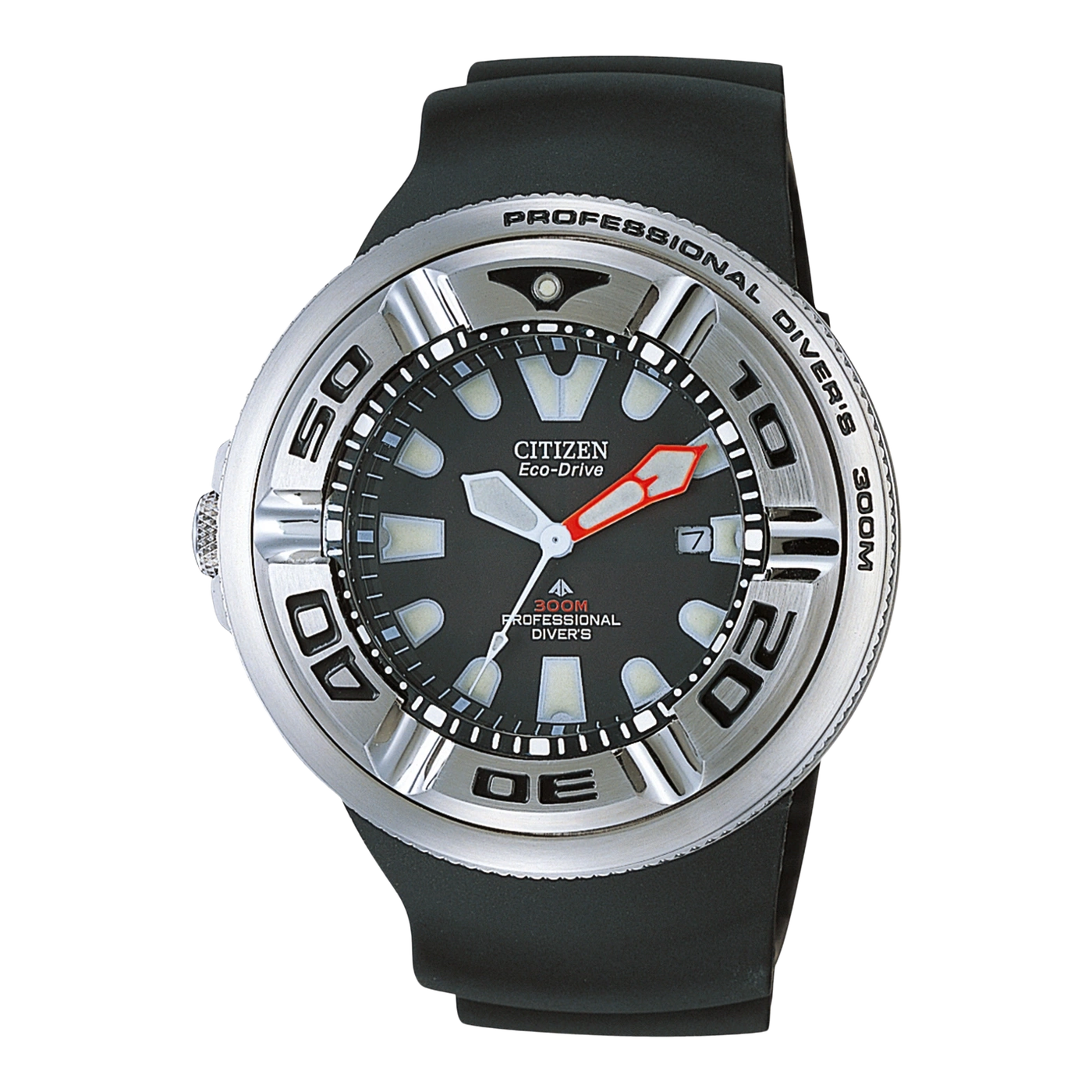 Citizen Eco-Drive watch with black dial and silver bezel, black strap, professional diver's watch