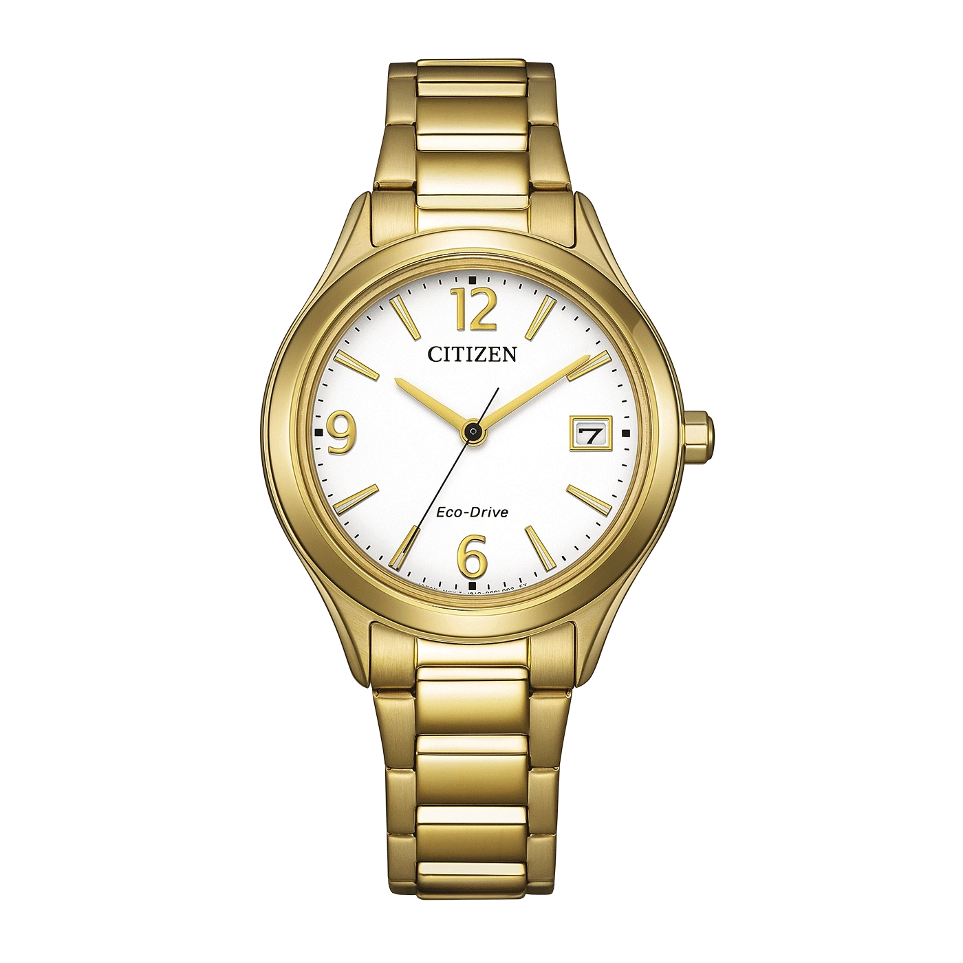 A gold Citizen Eco-Drive watch with a white face and gold hands.