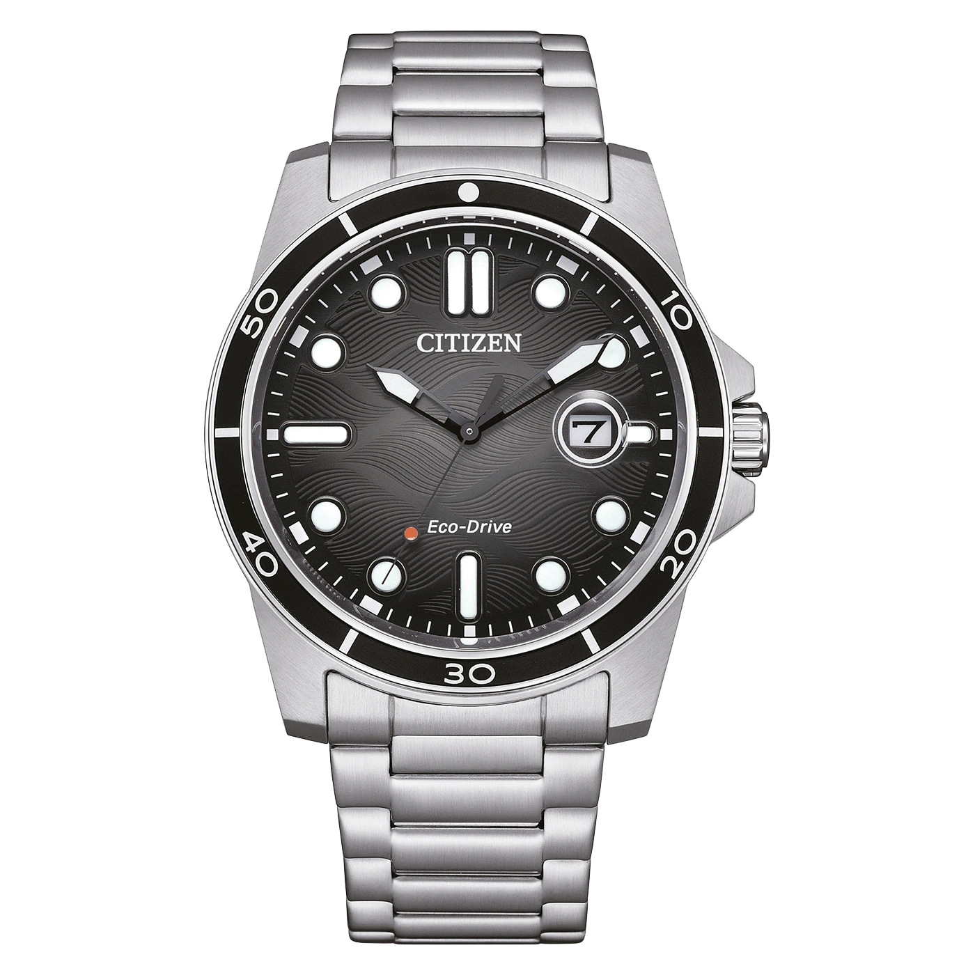 Citizen watch with a black dial and silver bracelet, Eco-Drive.
