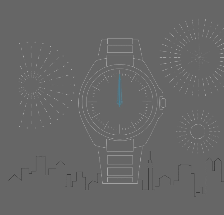 Watch showing midnight with fireworks and city skyline on gray background.