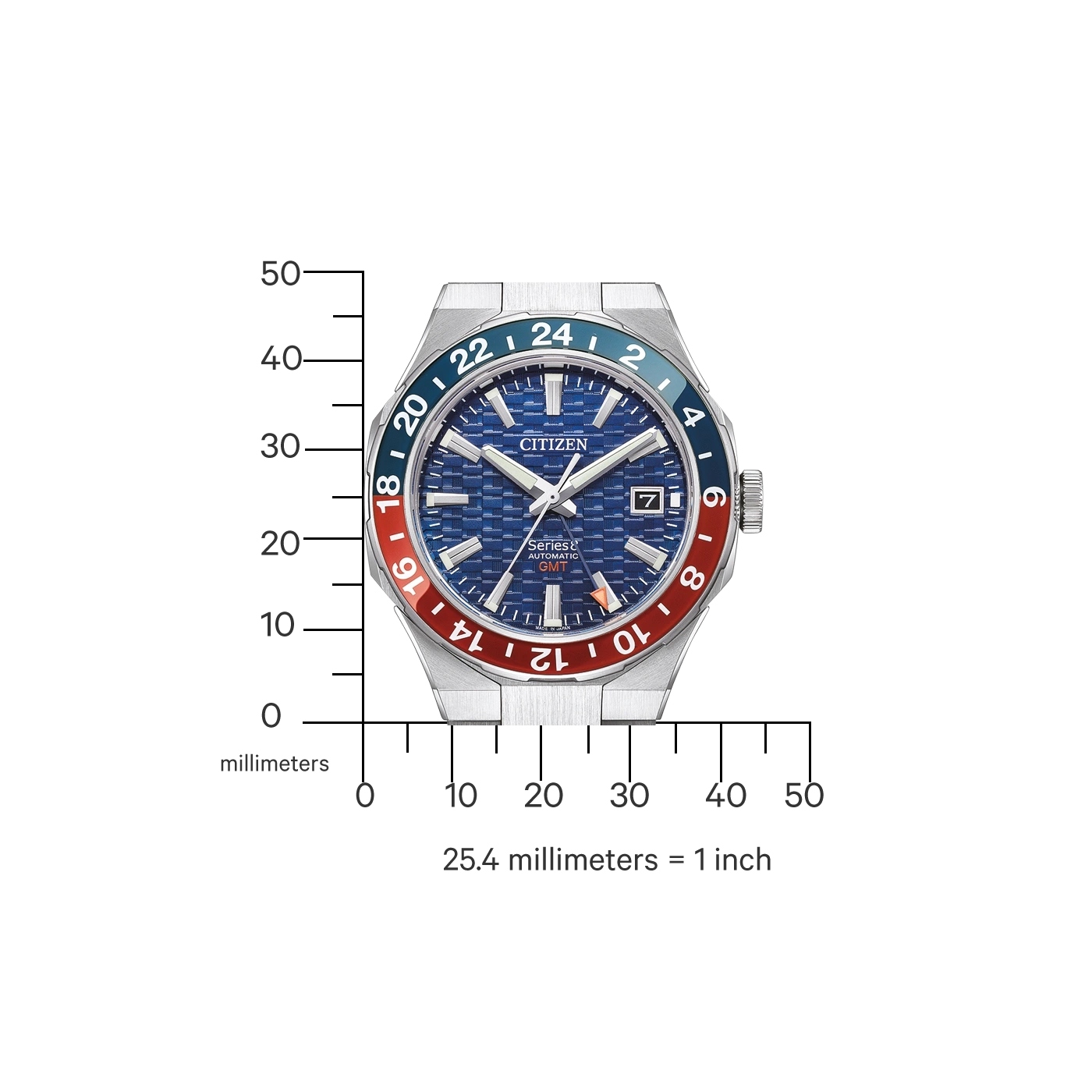 Citizen watch with blue dial, red and blue bezel, and GMT function.