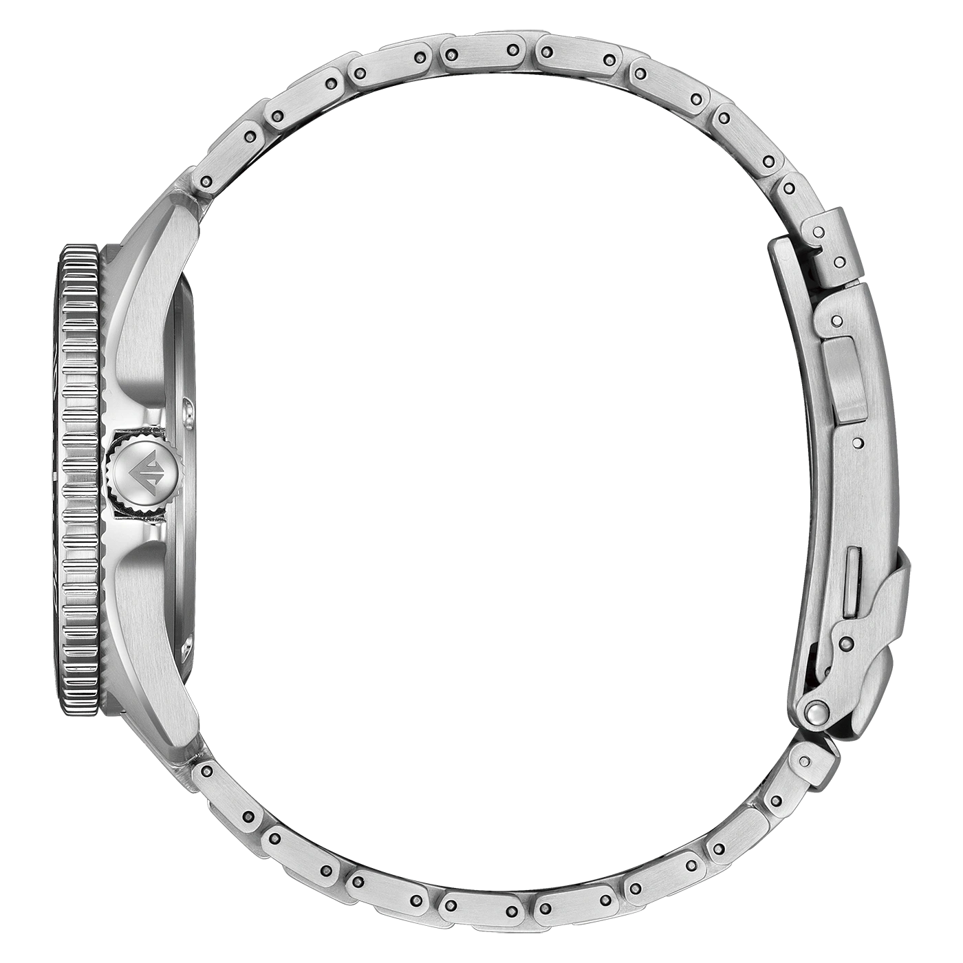 A silver metal watch with a link band and a textured bezel.