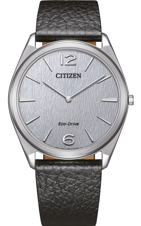 Citizen watch with a silver face and black leather strap, Eco-Drive.