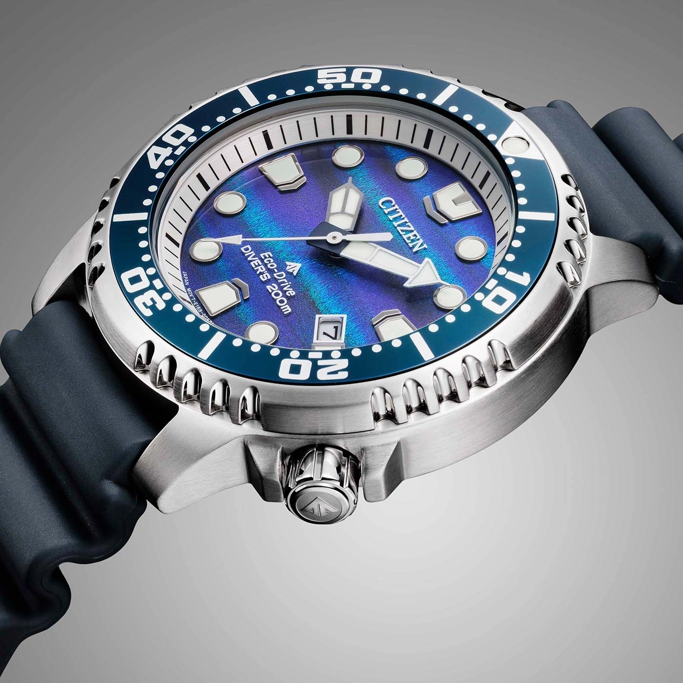 Close-up of a blue Citizen Eco-Drive diver's watch with a textured dial.