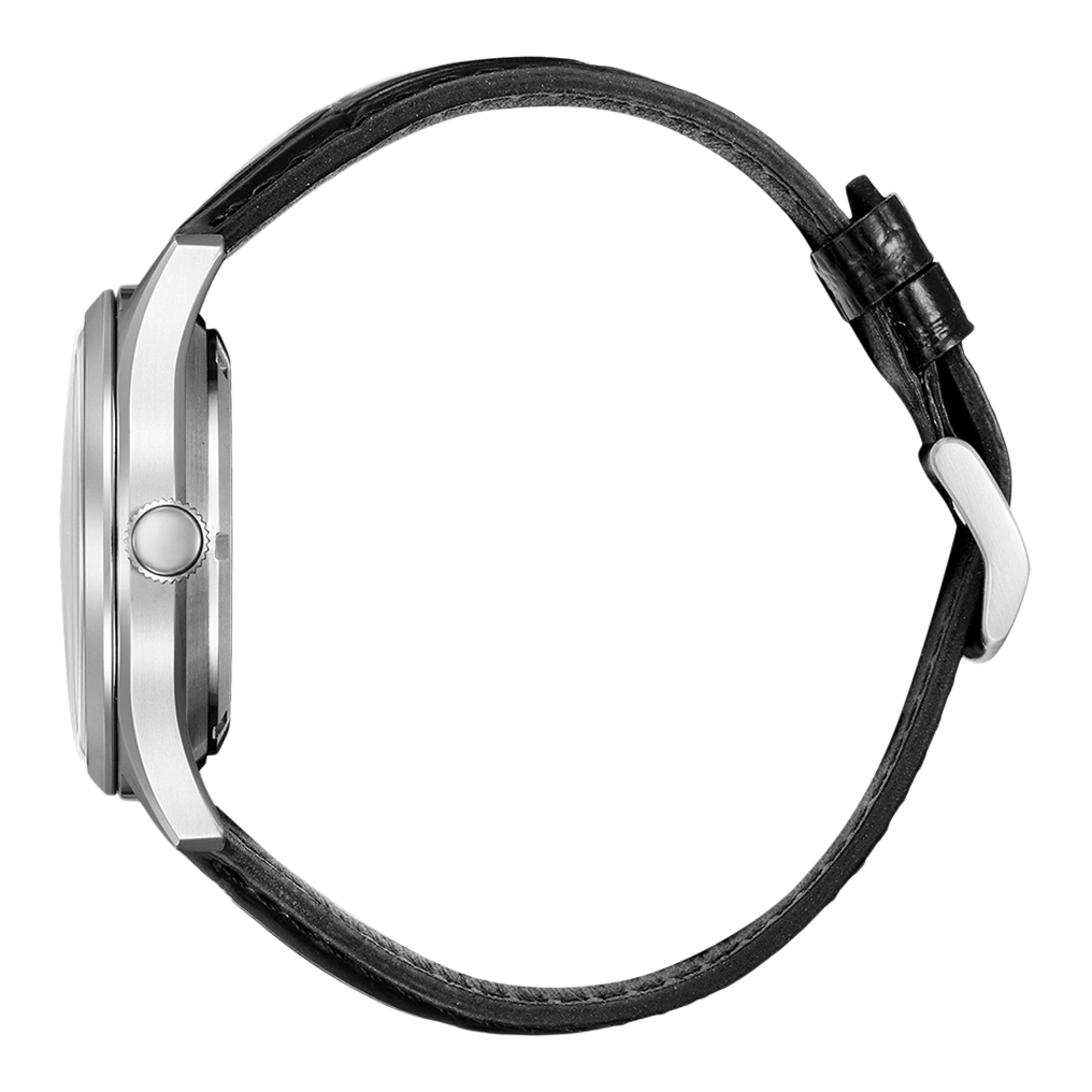 Side view of a silver watch with a black leather strap.