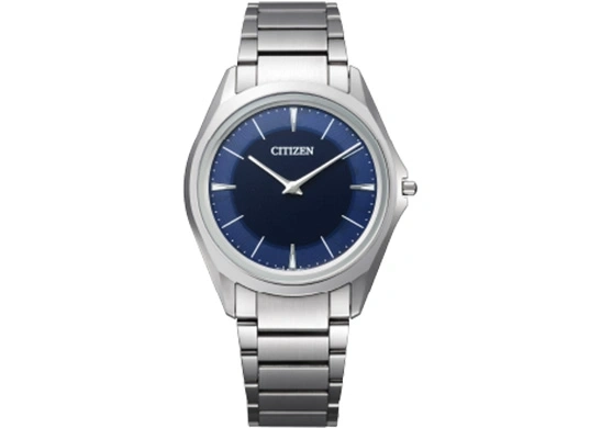 Citizen watch with a blue dial and silver strap, elegant design.